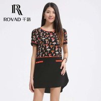 千路女式真丝连衣裙100%桑蚕丝短袖圆领蘑菇图案裙子3245155530