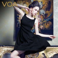 VOA永恒经典小黑裙百搭性感修身真丝无袖吊带连衣裙桑蚕丝A0126