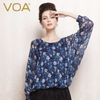 VOA蝙蝠袖真丝碎花上衣 蚕桑丝时尚百搭女士衬衫B1068