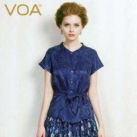 VOA真丝短袖衬衫女 丝绸立领蚕桑丝高端大气上衣B170