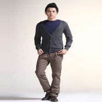 乐都特laredoute男式纯色V领针织开衫烟灰色OA537