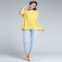 乐都特laredoute女式通花绣V领短袖T恤黄色VP339
