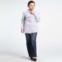 乐都特laredoute女式时尚圆摆全棉长袖衬衫灰白条纹YX574