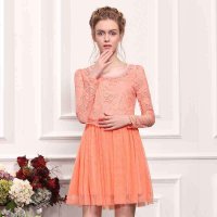 I'HAPPY海贝 名媛淑女修身蕾丝网纱钩花长袖连衣裙 17T07B043251粉红色