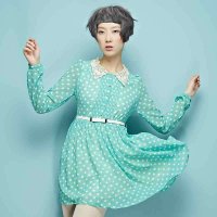 I'HAPPY海贝 长袖收腰波点连衣裙 1710121611绿色