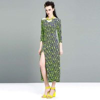 吾笙黄色印花长开叉连衣裙1303QL14