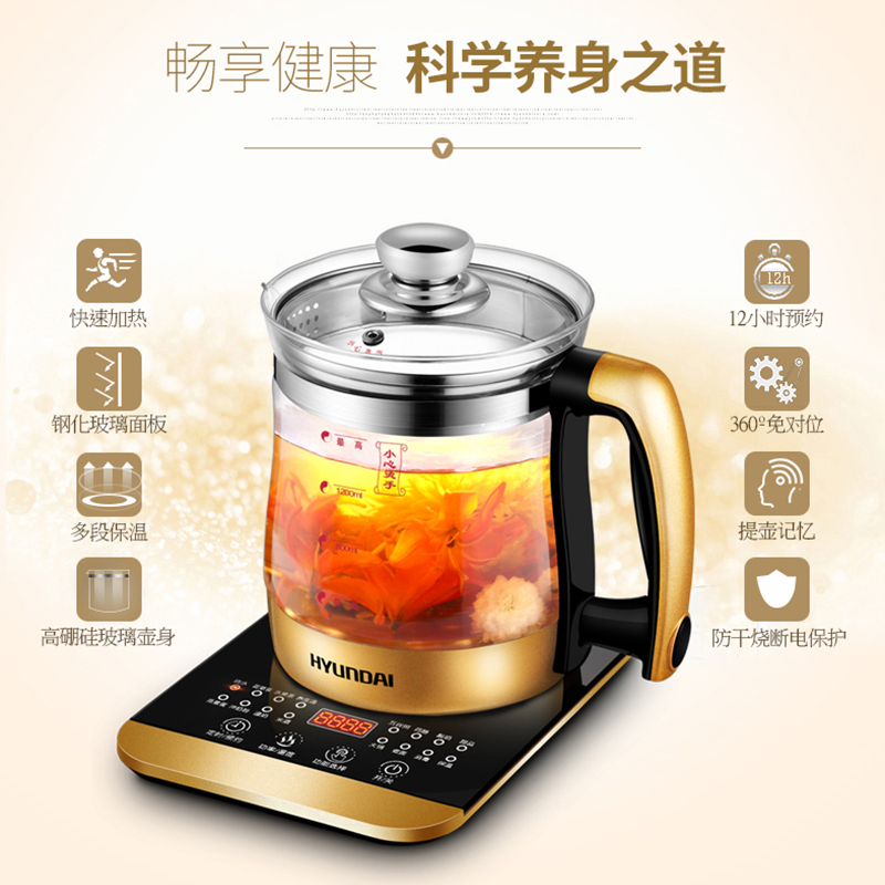 现代(HYUNDAI) BD-YS1808养生壶 煎药壶 煮茶壶 花茶壶 分体式加厚玻璃养生壶黑金款