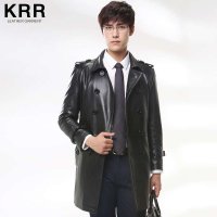 KRR KRRF002-1 男士翻领黑色中长款皮衣