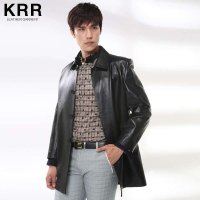 KRR KRRF008 男士黑色翻领中长款皮衣