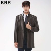 KRR KRRF001-2 男士棕色立领中长款皮衣