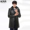 KRR KRRF003 -1男士黑色翻领中长款皮衣