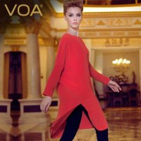 VOA街头时尚圆领红色丝绸上衣 大码女装宽松重磅真丝套头衬衫B111