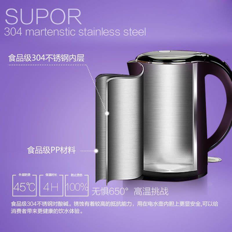 苏泊尔(SUPOR)电水壶SWF17C05B 不锈钢 一体无缝内胆1.7L 双层保温防烫 紫色 STRIX温控器图片