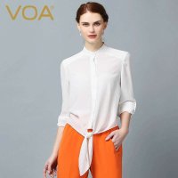 VOA纯色立领斜肩长袖腰带真丝直筒衬衫 通勤简约白色百搭B5580