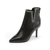 慕佐女款黑色牛皮/羊猄皮尖头细短靴MC4D53102
