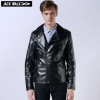 手工铆钉翻领机车服PU茄克 JACKWALK C0133003黑色