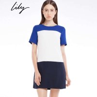 Lily秋新款女装直筒拼色低腰短袖连衣裙113310J7141