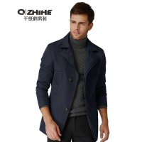千纸鹤HMW080101A男藏青舒适挺括商务休闲短款羊毛呢风衣