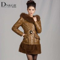 DNGR秋冬女装连帽狐狸领兔毛下摆中长款时尚女士皮衣2203