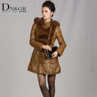 DNGR秋冬季女装连帽狐狸领拉链高腰中长款时尚皮羽绒2173