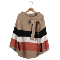 拓谷2015秋装新款女装蝴蝶结长袖蝙蝠衫斗篷型宽松拼色条纹t恤