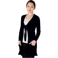 斯尔丽中长款女装系带式黑色针织长外套0C612