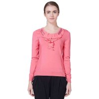 斯尔丽春秋款纯色圆领荷叶边针梭相拼上衣1A613