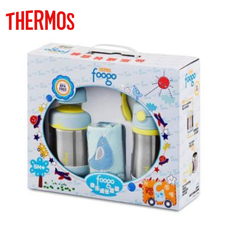 膳魔师THERMOS儿童吸管保温宝宝食物罐快乐水杯水壶成长套装300ml+300ml B3003+BS5353 BL