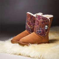 宝人(Boree) 专柜同步女款浅棕牛皮复古民族雪地靴Brw80677136