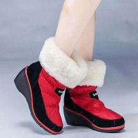 宝人(Boree) 女款红色绸布毛绒坡跟女靴93240680102