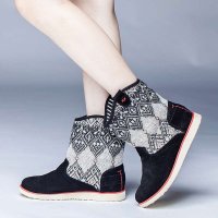 宝人(Boree) 女款黑色牛皮几何针织女靴91356270101