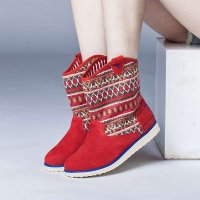 宝人(Boree) 女款红色牛皮几何针织女靴91356270102