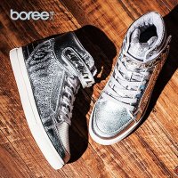  宝人(Boree) 女款黑色细纹超纤内增高休闲鞋BRW58132银色