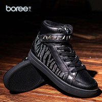  宝人(Boree) 女款黑色细纹超纤内增高休闲鞋BRW58132黑色