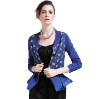 Maxtina玛仙娜2015秋冬新款欧美时尚针织印花开衫九分袖修身针织衫外套女AFWCCF13蓝色