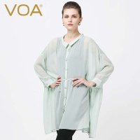 VOA纯色七分袖真丝衬衫秋女 中长款欧美宽松大码桑蚕丝上衣B5720
