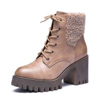 GEMEIQ/戈美其 2015新款英伦系带马丁靴 粗跟人造短毛绒冬靴羊羔毛靴口女厚底保暖   1515996D