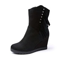 GEMEIQ/戈美其 秋冬爆款时尚坡跟流苏 女靴平底 圆头中筒靴 人造毛绒超细纤维1915220B