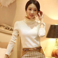 蒂妮佳 D7583 手工钉珠高领长袖套头羊毛衫针织打底衫