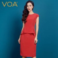 VOA 女 欧美纯色 圆领短袖桑蚕丝假两件套裙女  A0301