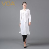 VOA 中长款白色真丝衬衫 长袖修身桑蚕丝上衣女B6512