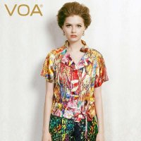 VOA 夏季桑蚕丝上衣桑蚕丝印花衬衫女 欧美立领丝绸衬衣 B100