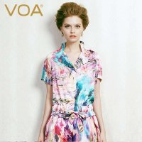 VOA 夏季桑蚕丝上衣桑蚕丝印花衬衫女 欧美立领丝绸衬衣视觉幻想款 B100