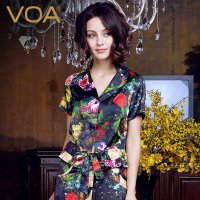 VOA 夏季桑蚕丝上衣桑蚕丝印花衬衫女 欧美立领丝绸衬衣繁花款 B100