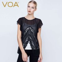 VOA  蝙蝠袖蕾丝上衣纯色两件套短袖舒适真丝T恤女 B5200