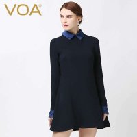 VOA 纯色重磅真丝A字裙 长袖翻领连衣裙职业OL短裙 A5523