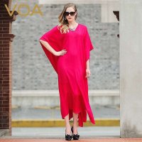 VOA  纯色宽松大码真丝连衣裙女桑蚕丝大摆长裙 A5900