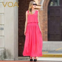 VOA 欧美西瓜红真丝连衣裙 薄 无袖宽松假两件大摆长裙碎摺A5903