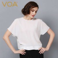 VOA   白色真丝t恤女 短袖百搭宽松圆领桑蚕丝上衣B5612
