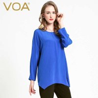VOA  蓝色真丝长袖上衣t恤女 欧美宽松丝绸套头衫B6162